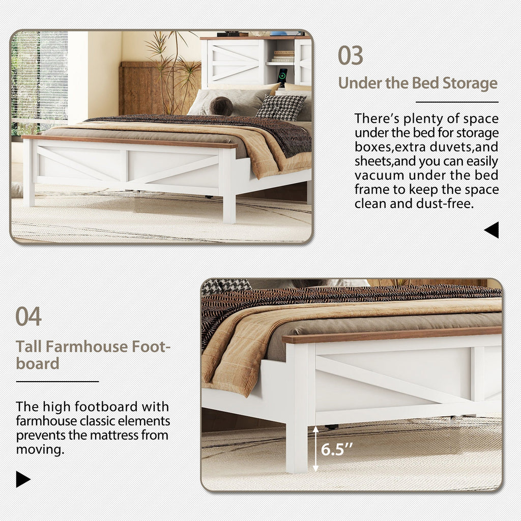 3-Pieces Bedroom Sets Full Size Farmhouse Platform Bed with Double Sliding Door Storage Headboard and Charging Station, Storage Nightstand and Dresser, White+Brown(Old SKU HL000091AAK)