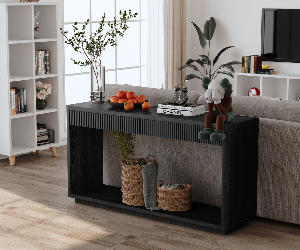 60' Modern 2-Drawer Fluted Console Table Natural Wood Veneer Sofa Table Behind Couch Table for Living Room, Hallway, Entryway, Home Office, Black