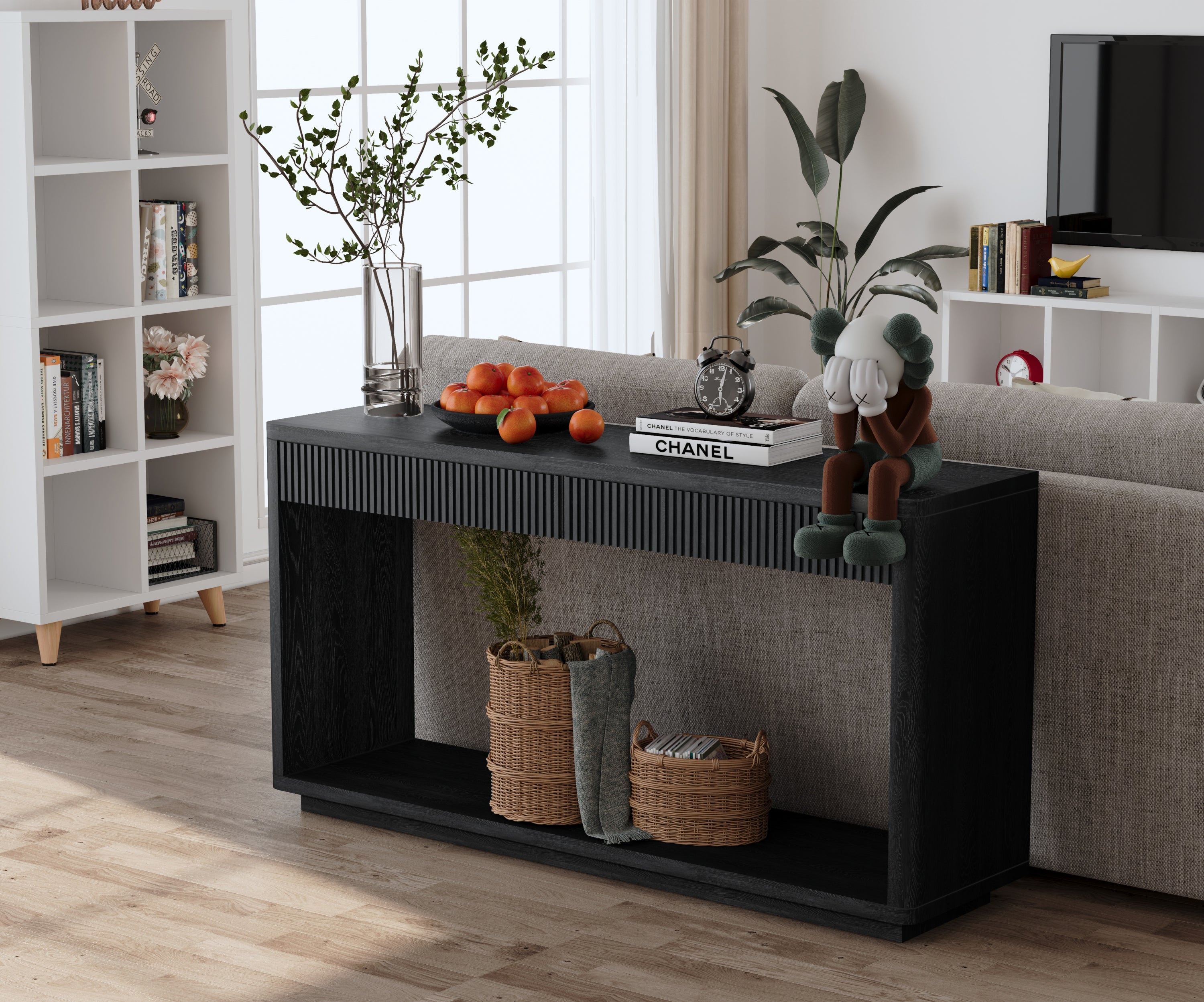 60' Modern 2-Drawer Fluted Console Table Natural Wood Veneer Sofa Table Behind Couch Table for Living Room, Hallway, Entryway, Home Office, Black