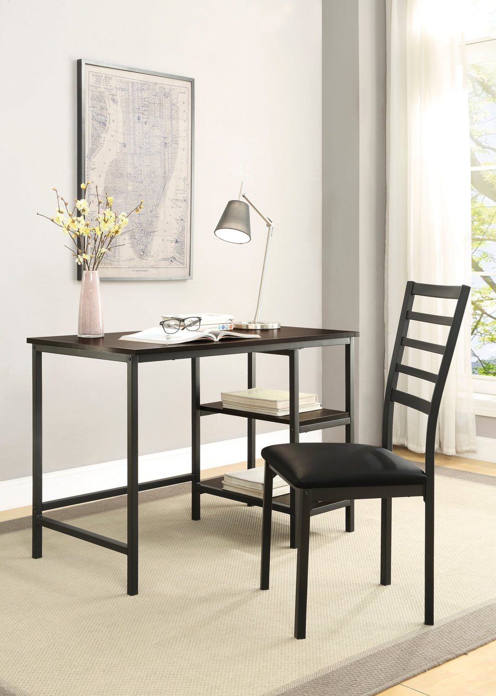 Black Finish 2-Piece Writing Desk Set with Chair Industrial Style Metal Frame Faux Leather Upholstery