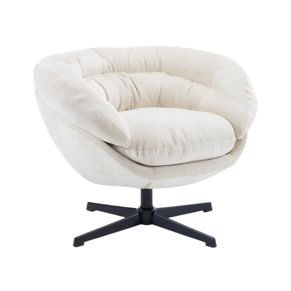 Modern Chenille Office Chair, 360° Swivel Club Chair/Accent Chair with Removable Cushion, Round Office Chair, Black Metal Base, Cotton Material, Living Room, Bedroom, Reading Corner, Office (Beige)