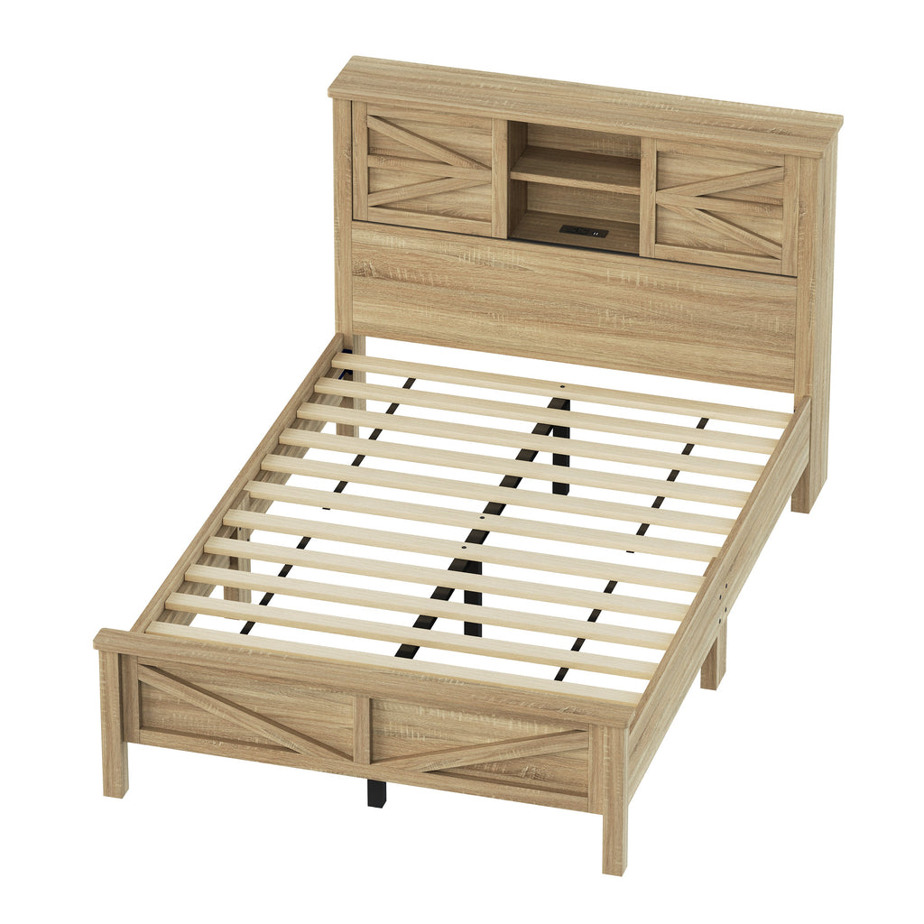 3-Pieces Bedroom Sets Full Size Farmhouse Platform Bed with Double Sliding Door Storage Headboard and Charging Station, Storage Nightstand and Dresser, Natural