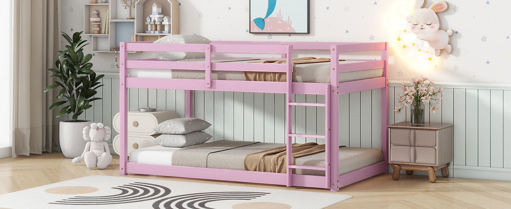 Solid Wooden, Solid Rubber Wooden Twin over Twin Floor Bunk Bed with Ladder, with Bed Platform of Strengthened Slats , Pink