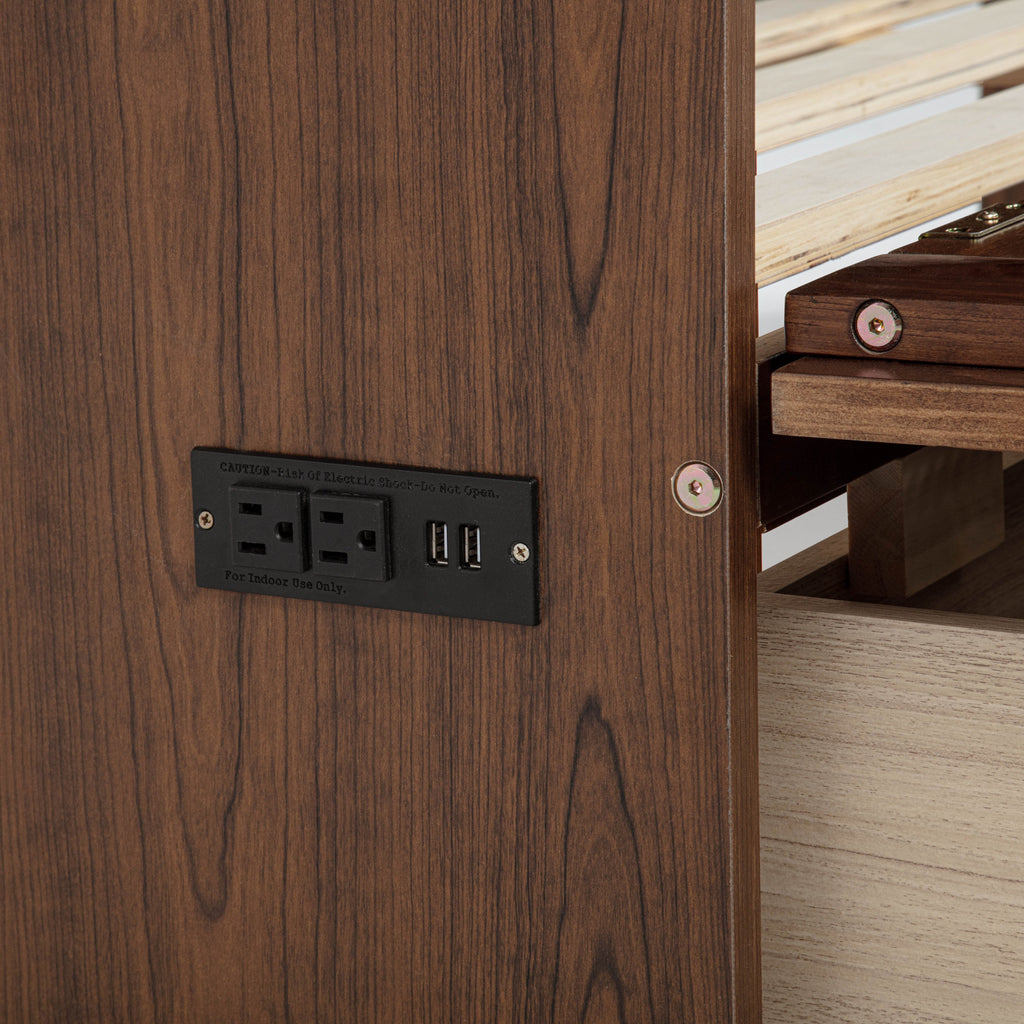 Queen Size Murphy Bed, Pine Wood Cabinet Bed with Power Station and Rattan Decoration Panel,Walnut