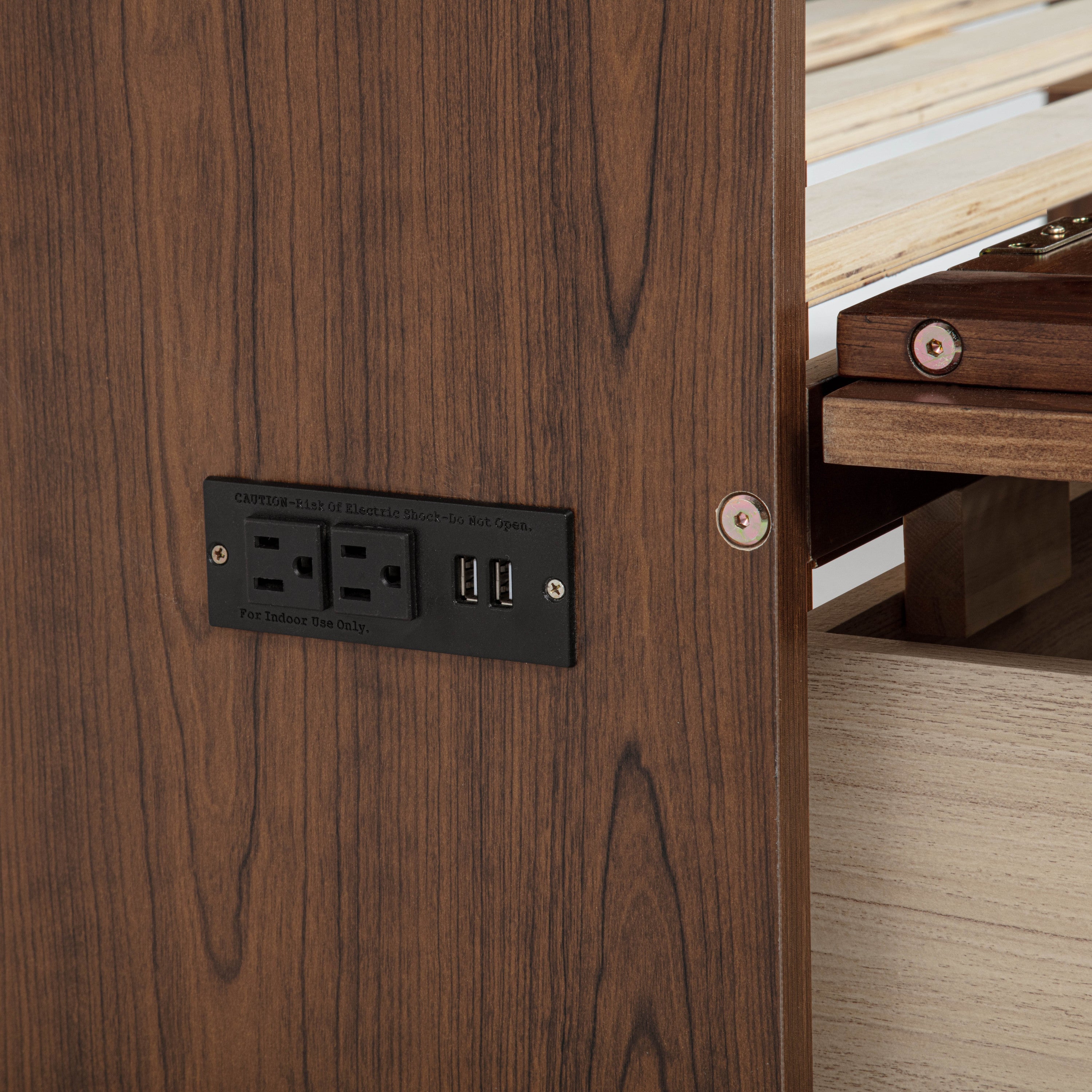 Queen Size Murphy Bed, Pine Wood Cabinet Bed with Power Station and Rattan Decoration Panel,Walnut