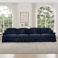 Elegant Mid Century Large 4 Seater Sofa Couch with Flared Arms and Removable Ruffles Pleats Skirts and Spindle Legs, Comfy Chenille Four-Seat Sofa for Living Room, Blue