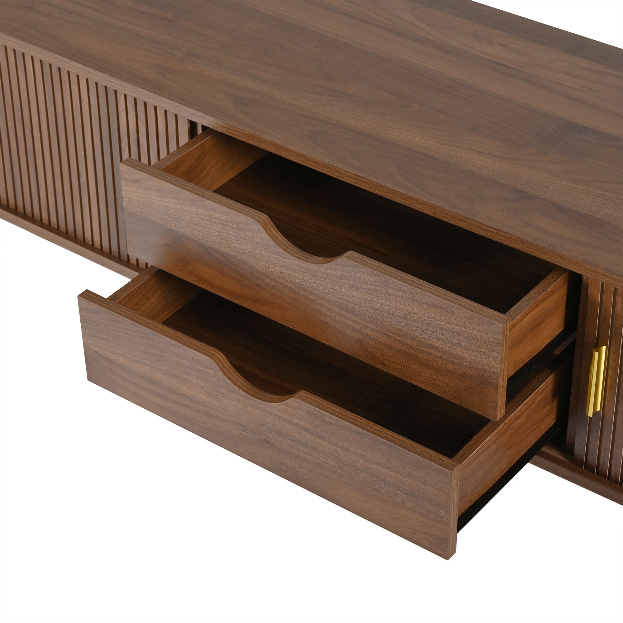 Wooden Oval Fluted TV Stand with Charging Station for TV up to 80', Mid-Century Media Console with Sliding Tambour Door, Farmhouse TV Cabinet with Golden Handle for Living Room, Walnut