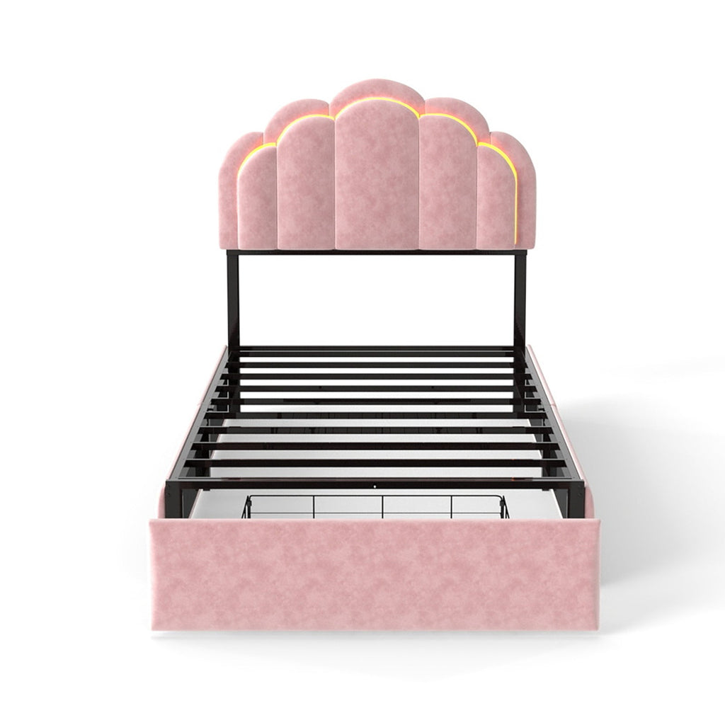 Velvet Petal Platform Bed with RGB LED Lights & Storage Drawers, Pink Wood+Metal Design, 72' L x 43' W x 39' H