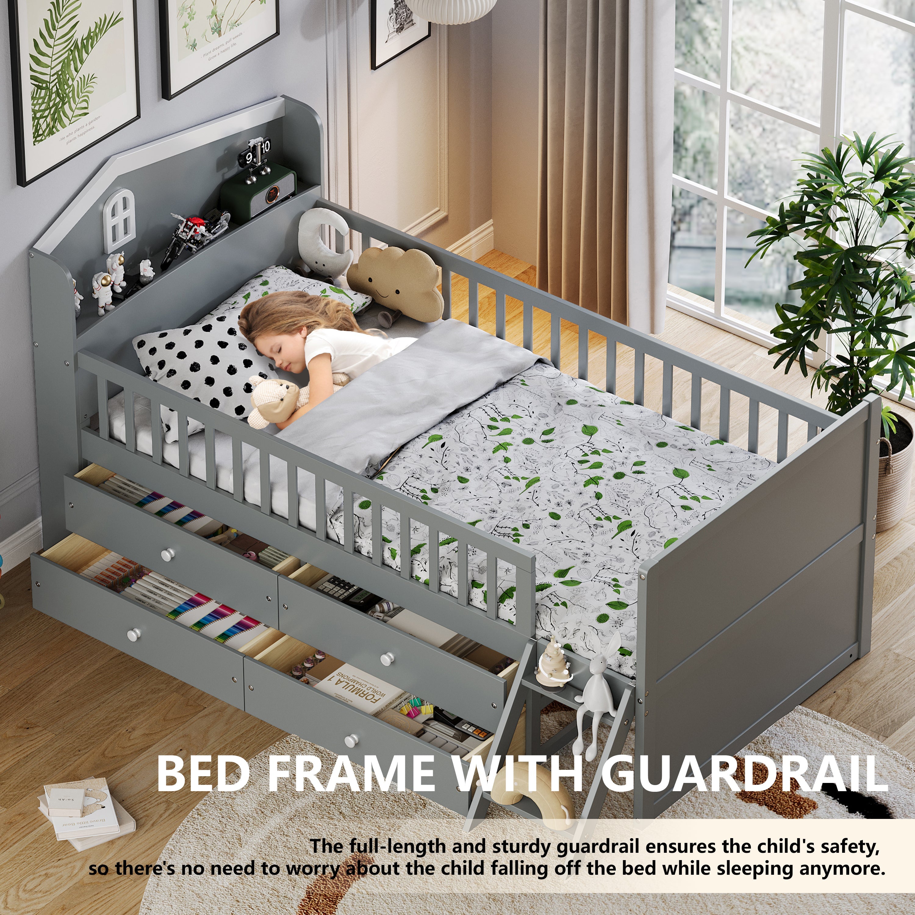 Twin Bed Frame with Storage 4 Drawers,Wooden Bed Frame for Kids,Platform Twin Size Bed with Guardrail Headboard and Ladder, No Box Spring Needed, Easy Assembly, Gray