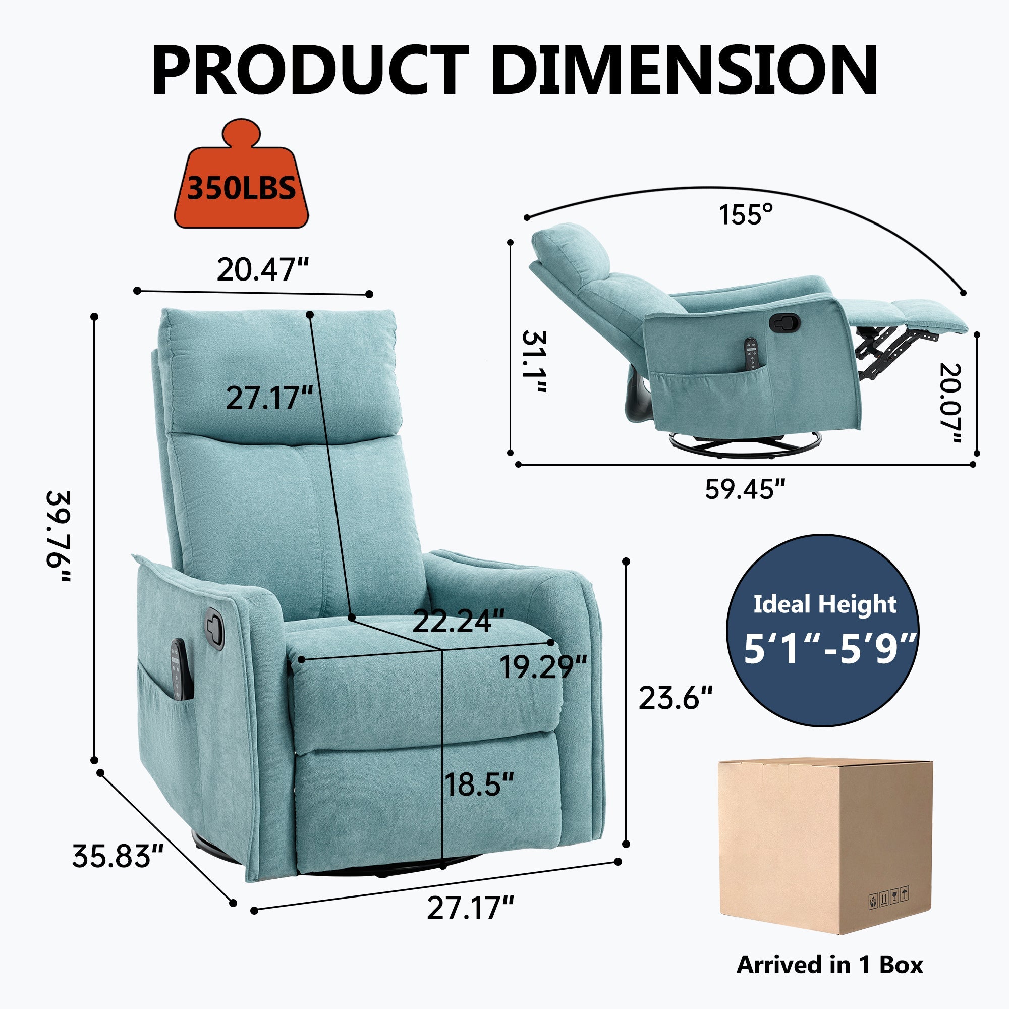 Heat Massage Manual Recliner Chair with Rocker and Swivel in Fabric for Living Room, Blue-Green
