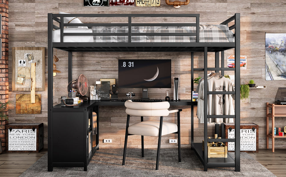 Metal Loft Bed with Wardrobe and L-shaped Desk, Twin Size Loft Bed with Storage Cubes and Shelves, Loft Bed for Kids Teens Adults, Black