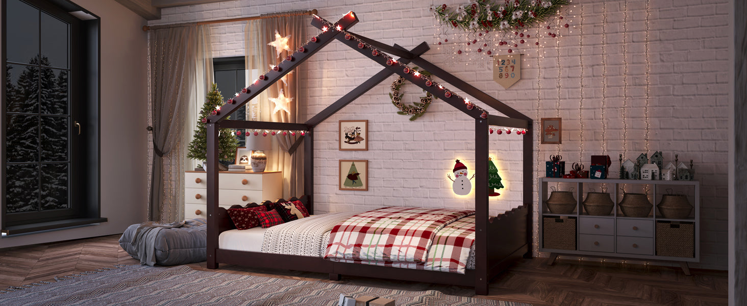Full House Floor Bed with Support Slats, Solid Wood House Bed Frame for Kids, No Box Spring Needed and Opening Constructure, Espresso