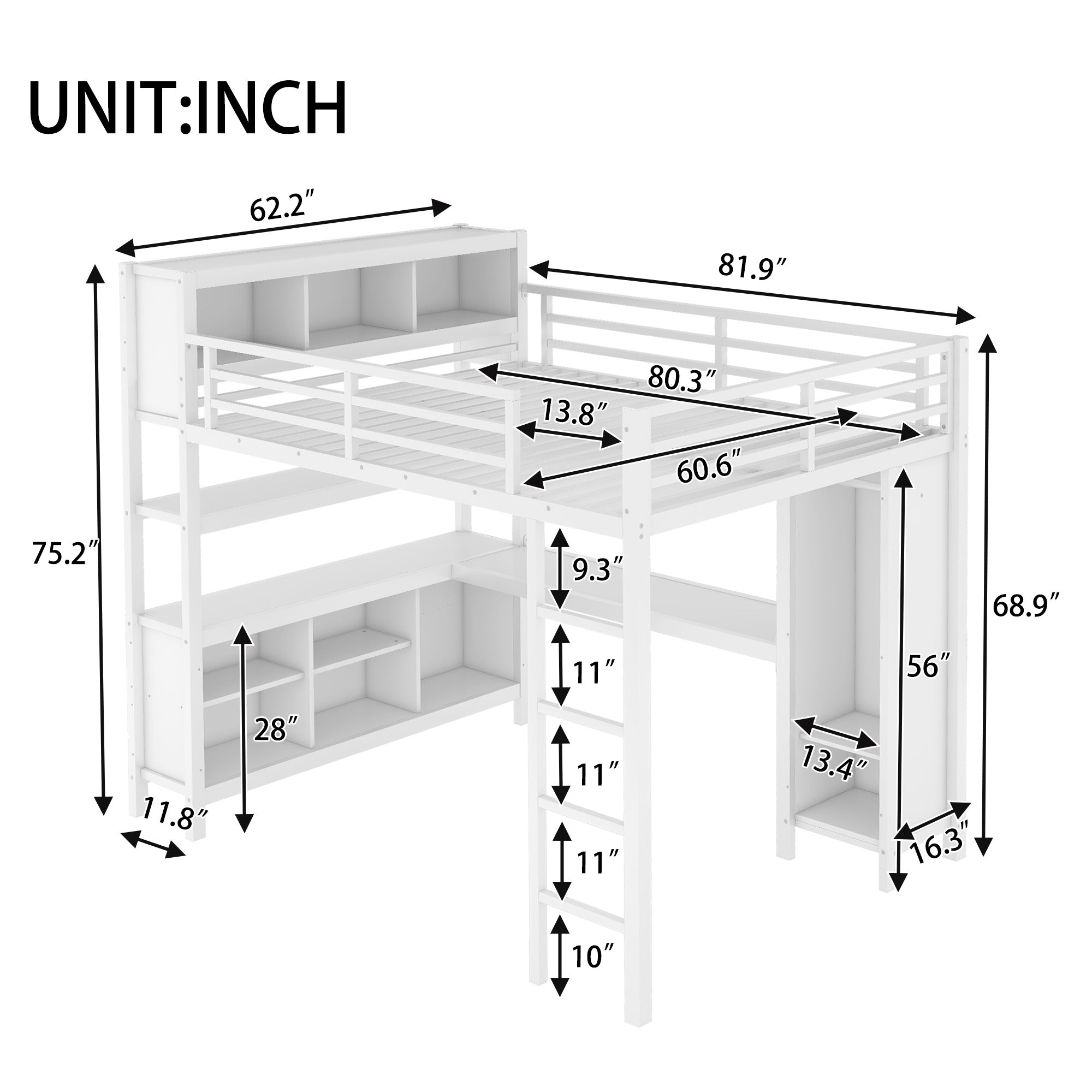 Metal Loft Bed with Wardrobe And L-shaped Desk, Queen Size Loft Bed with Storage Cubes and Shelves, Heavy Duty Loft Bed for Kids Teens Adults, White
