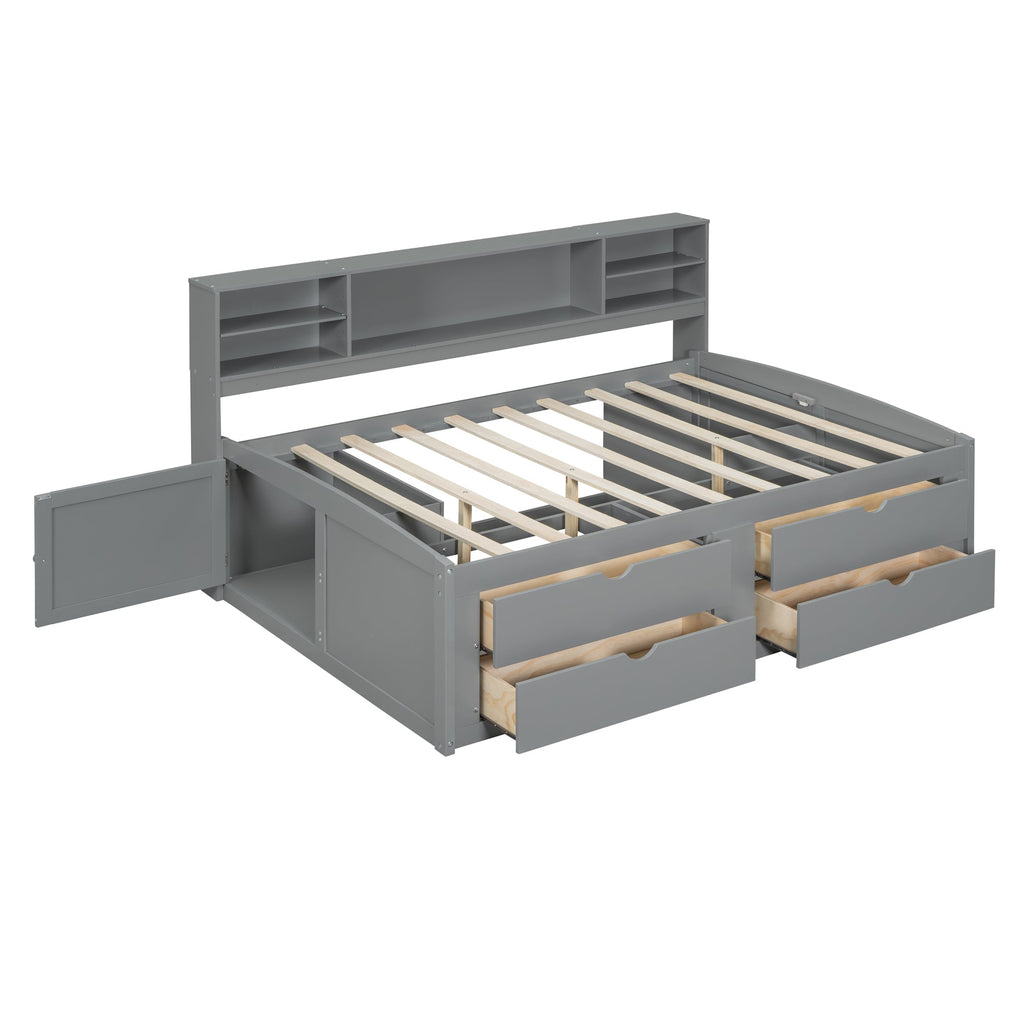 Full Size Wood Daybed with 2 Bedside Cabinets, Upper Shelves and 4 Drawers, Gray