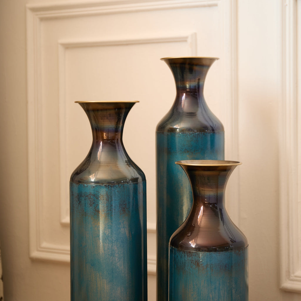 Modern Droplet-Shaped Floor Vase Set – Aqua Blue Glazed Metal Decorative Vases – 3-Piece Home Decor in 20.4 In, 24.4 In & 28.34 In Heights