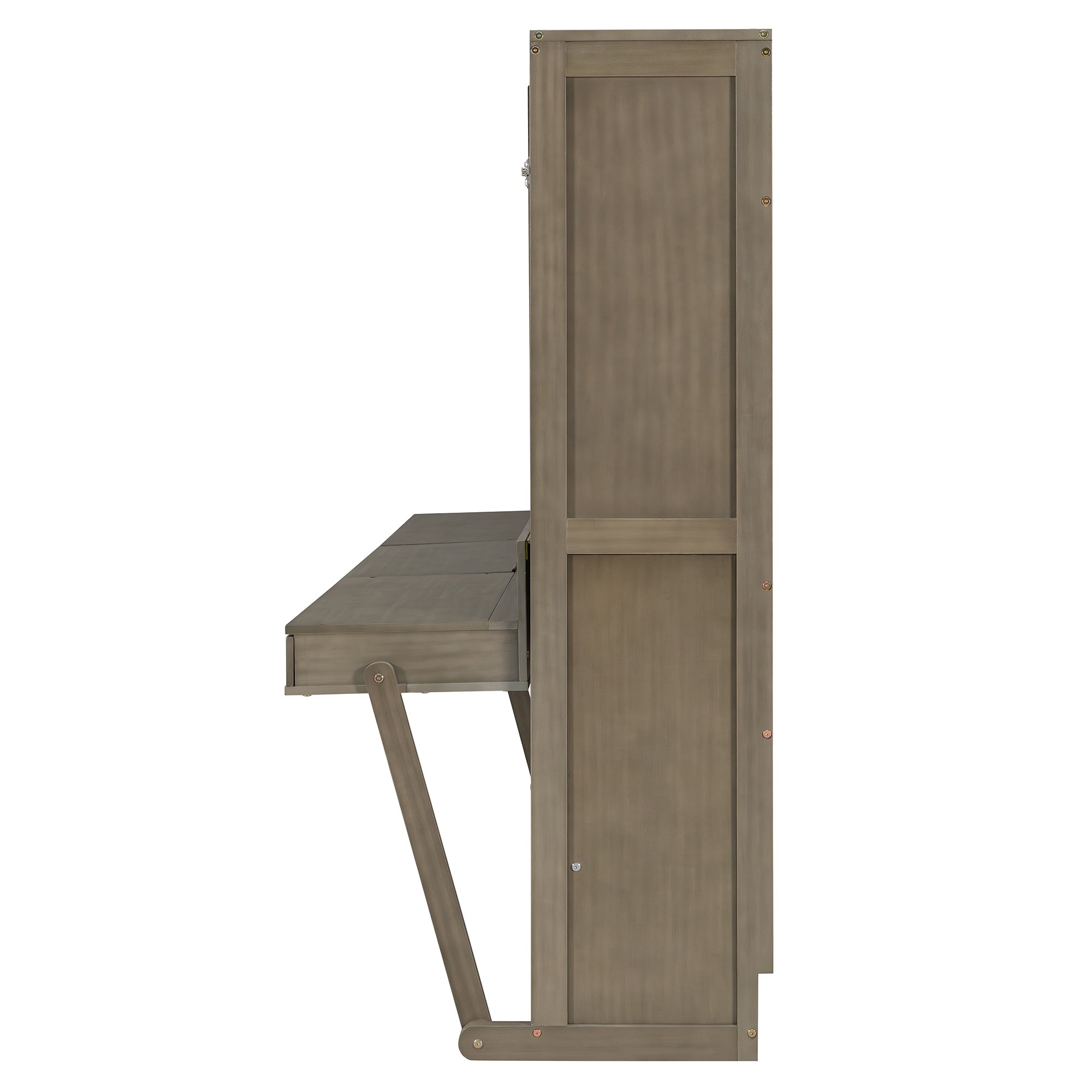 Queen Size Wall Murphy Bed with Storage, Foldable Cabinet Bed with Vanity Desk, Center Mirror & 2 Side Drawers, Distressed Gray