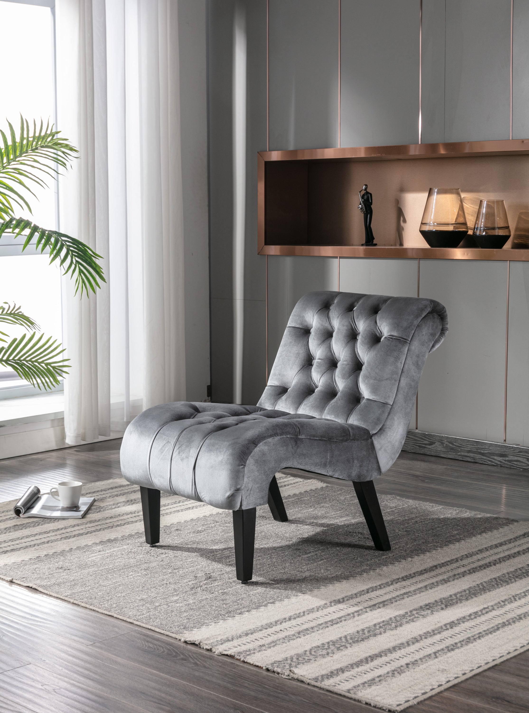 COOLMORE Modern Velvet Armless Accent Living Room Chair / Leisure Chair,Upholstered Fabric Button Comfortable Chair with Wooden Legs for Bedroom, Living Room, Office (Silver Velvet)