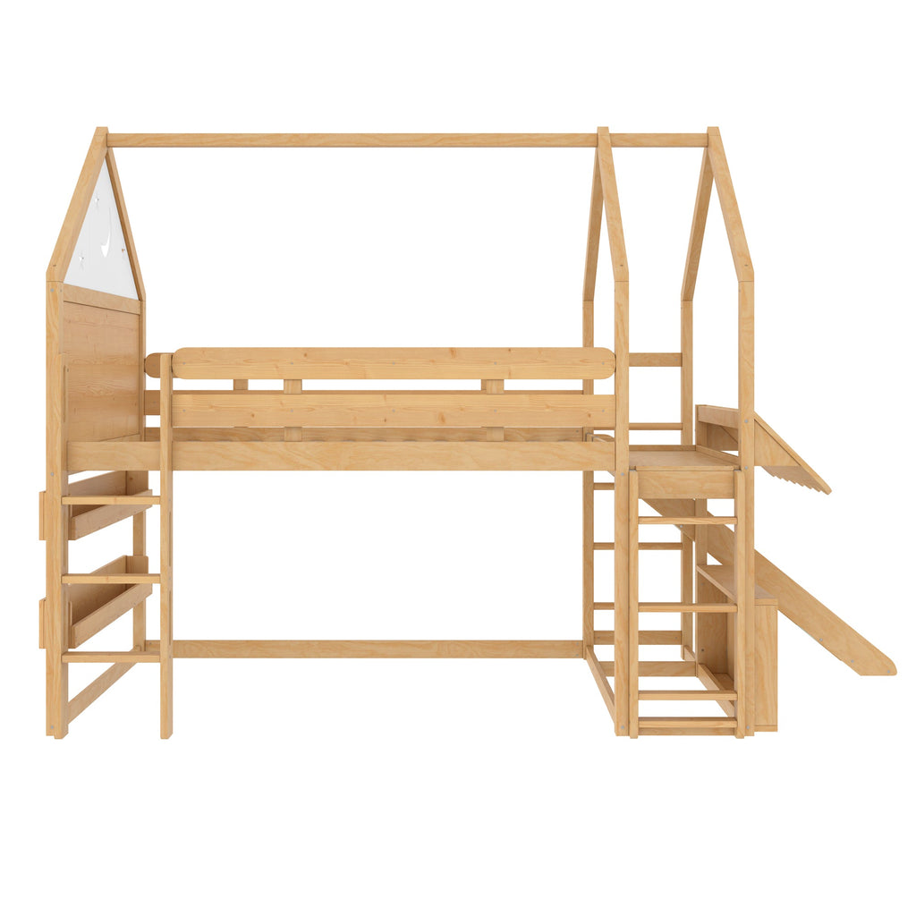 Full Size Loft Bed with Bookshelf Playful Design for Kids House-Shaped Structure with Slide High-Quality Safety Rails,Natural