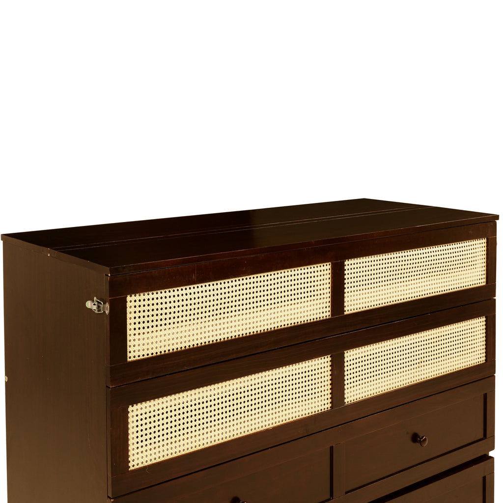 Queen Size Murphy Bed, Pine Wood Cabinet Bed with Rattan Decoration and Storage Drawer,Walnut