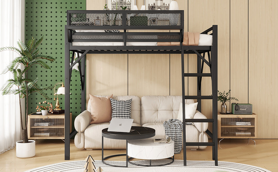 Queen Size Loft Bed with Ladder, Metal Queen Loft Bed with Storage Shelves, High Loft Bed for Kids Teens, Black(Expect Arrival Date 2025/12/3, Old SKU W2580P353530)