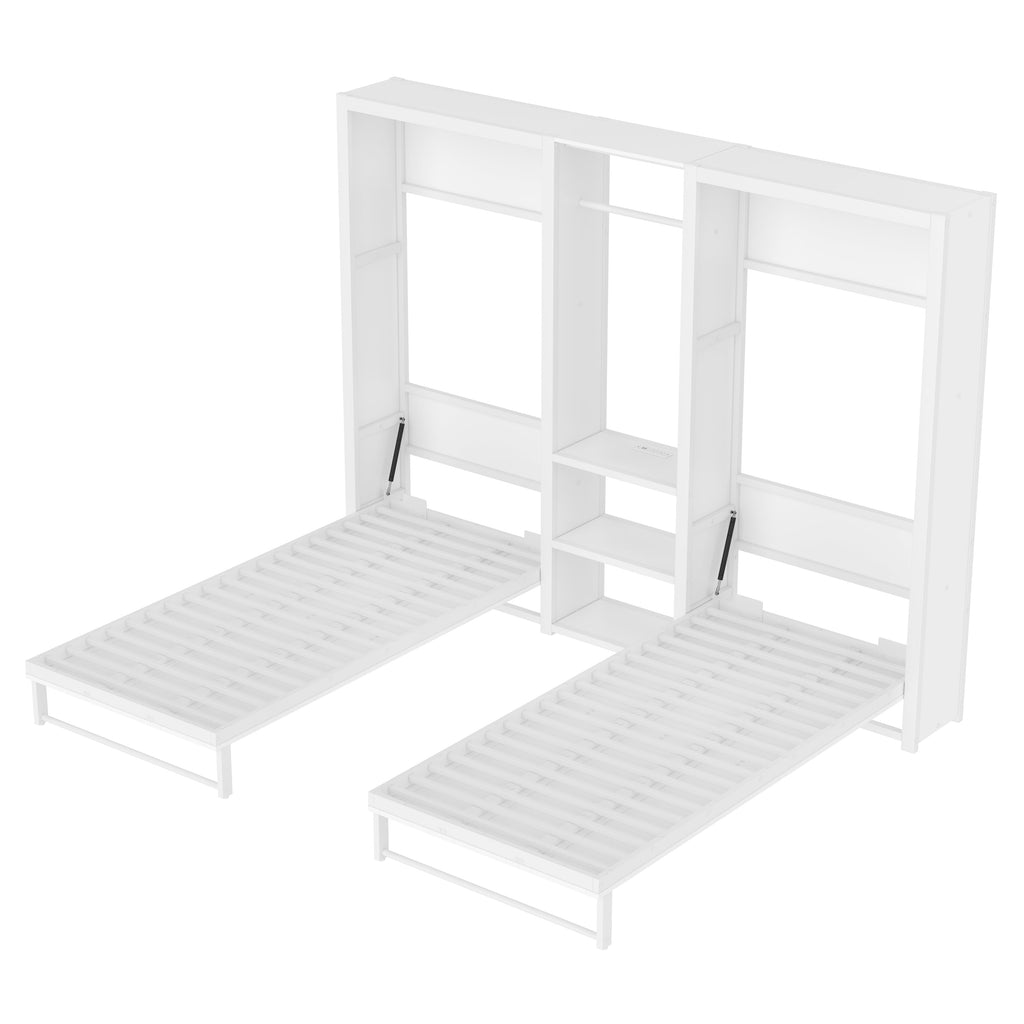 Twin and Twin Murphy Bed, Metal Foldable Murphy Bed with Wardrobe, Shelves and Power Outlets, 2 in 1 Design, Space-saving, White