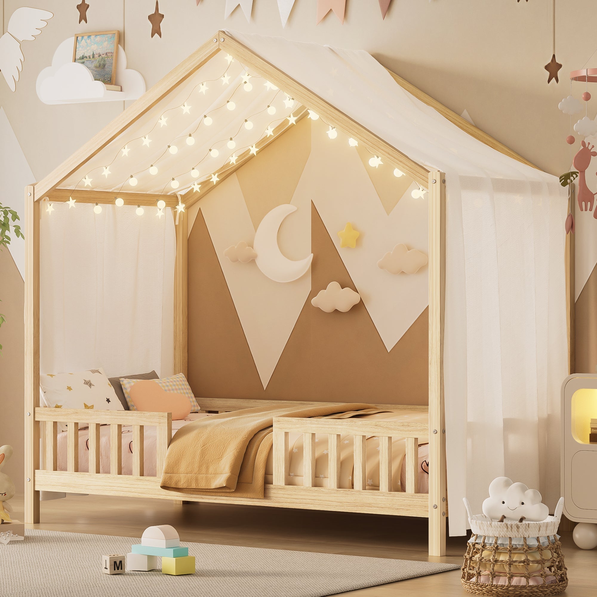 Montessori Floor Bed with Canopy, Twin Bed Frame for Kids, House Shape Kids Bed Frame with High Railings, Wood Kids Bed with Roof, Kid Twin Bed, Natural