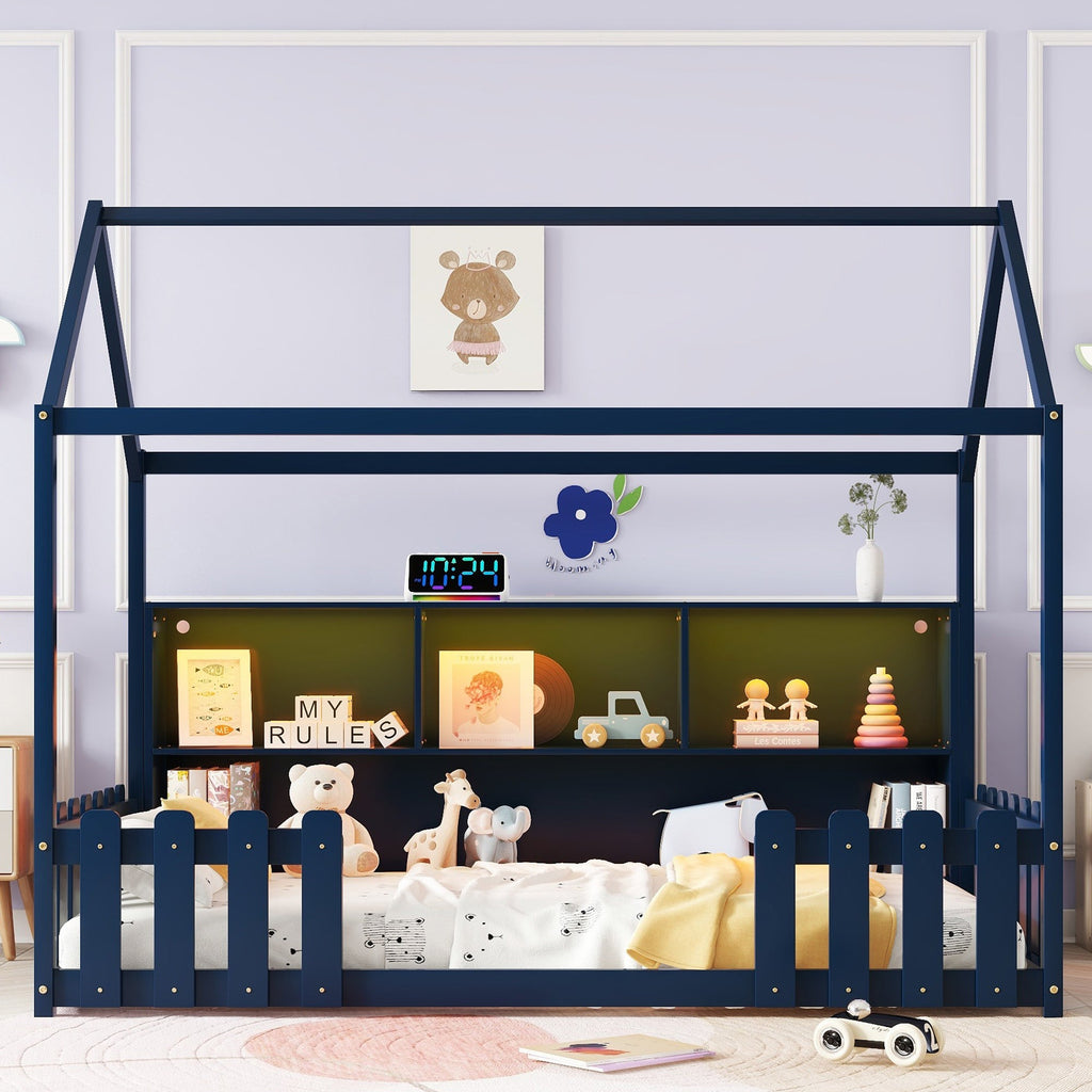 Twin Size House Bed with LED Light, Wood House Bed with Storage Bookshelf, Floor House Bed with Guardrails for Kids, Navy Blue (Expect Arrival Date 2025/3/14)