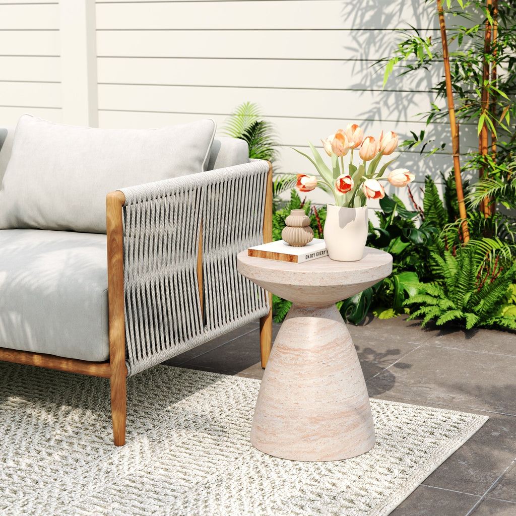 Elegant Travertine Finish Indoor/Outdoor Lightweight Concrete Side Table Beige 18x18x20.25 inches
