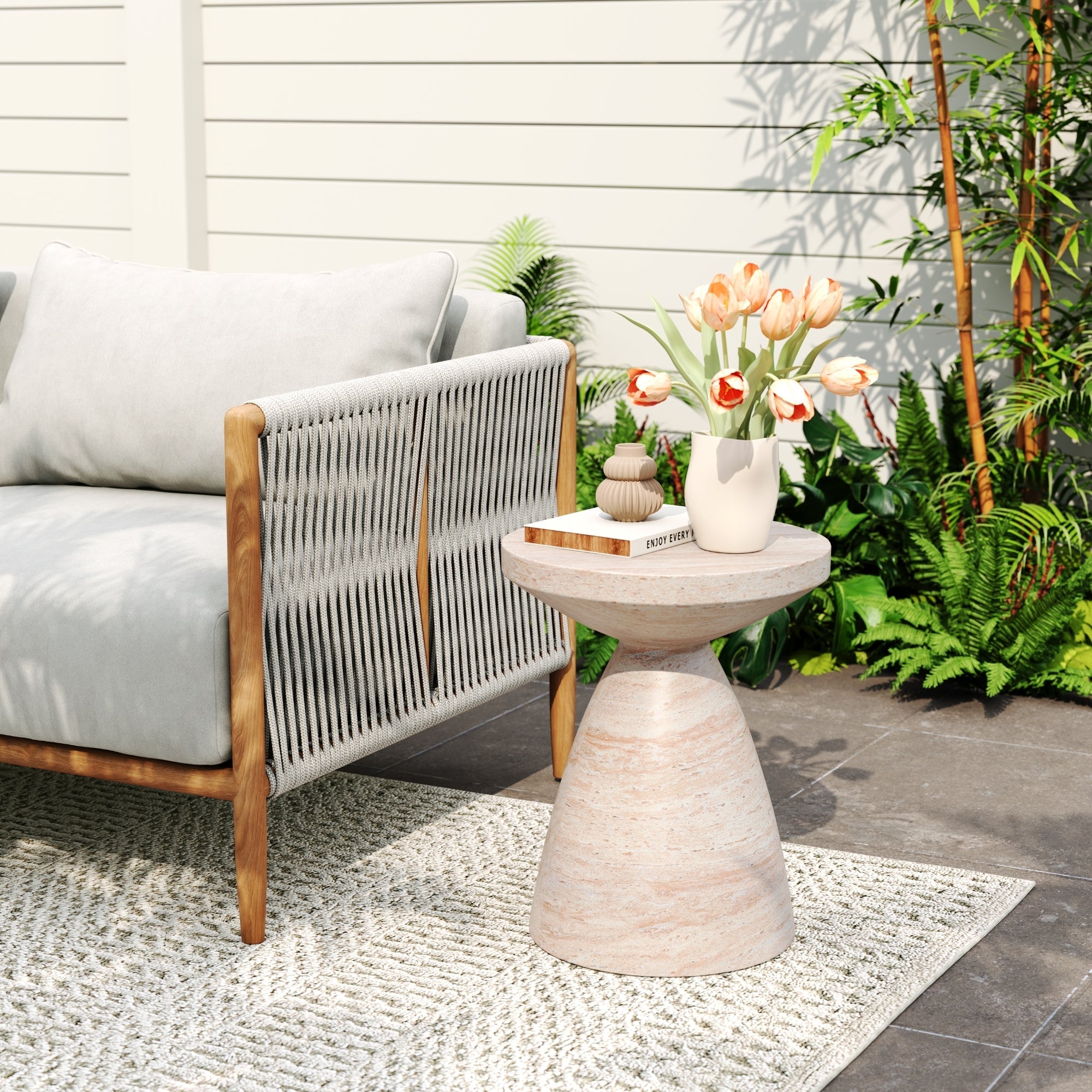 Elegant Travertine Finish Indoor/Outdoor Lightweight Concrete Side Table Beige 18x18x20.25 inches