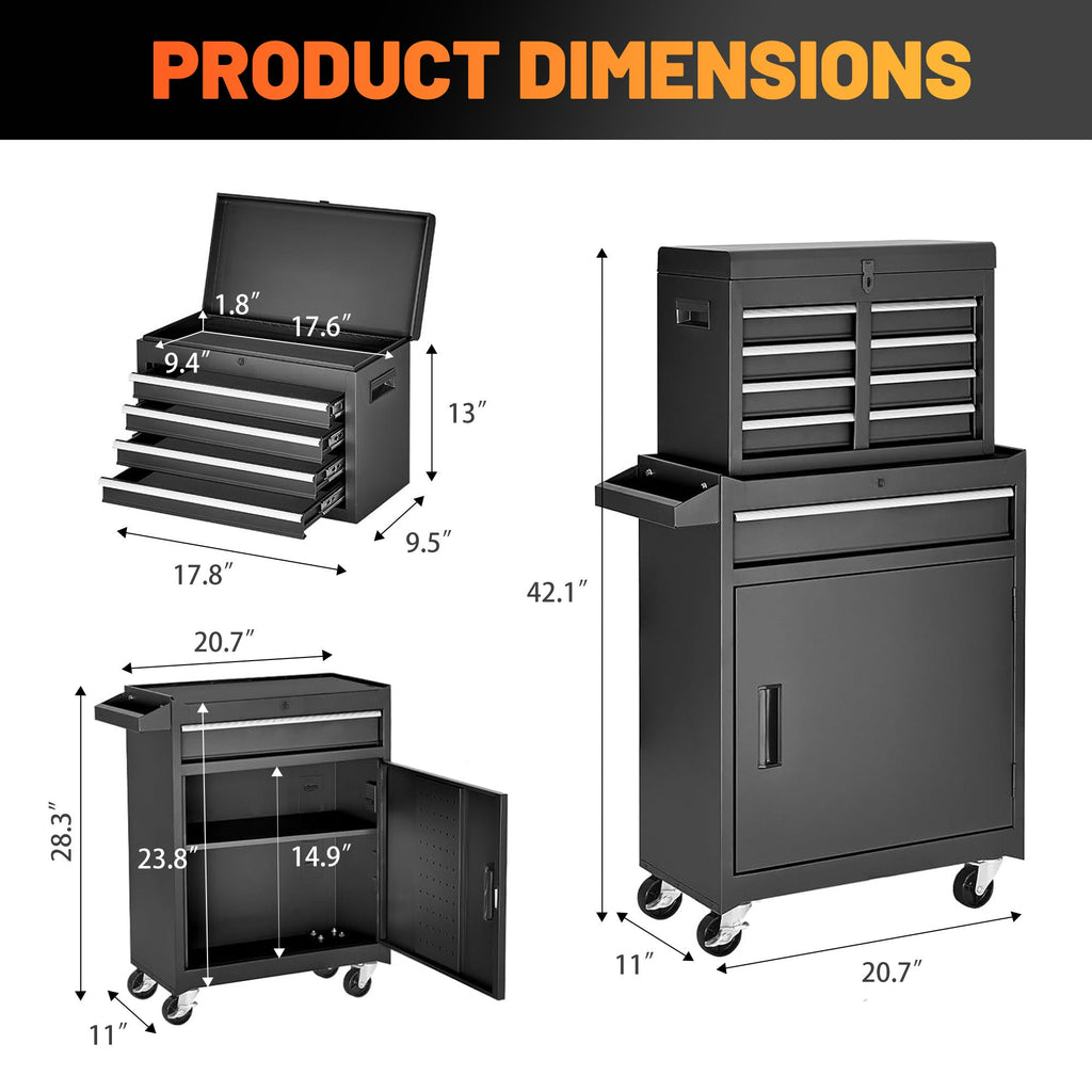 Tool Chest, 5-Drawer Rolling Tool Storage Cabinet with Detachable Top Tool Box, Liner, Universal Lockable Wheels, Adjustable Shelf, Locking Mechanism, Metal Tool Cart ,154pcs tools