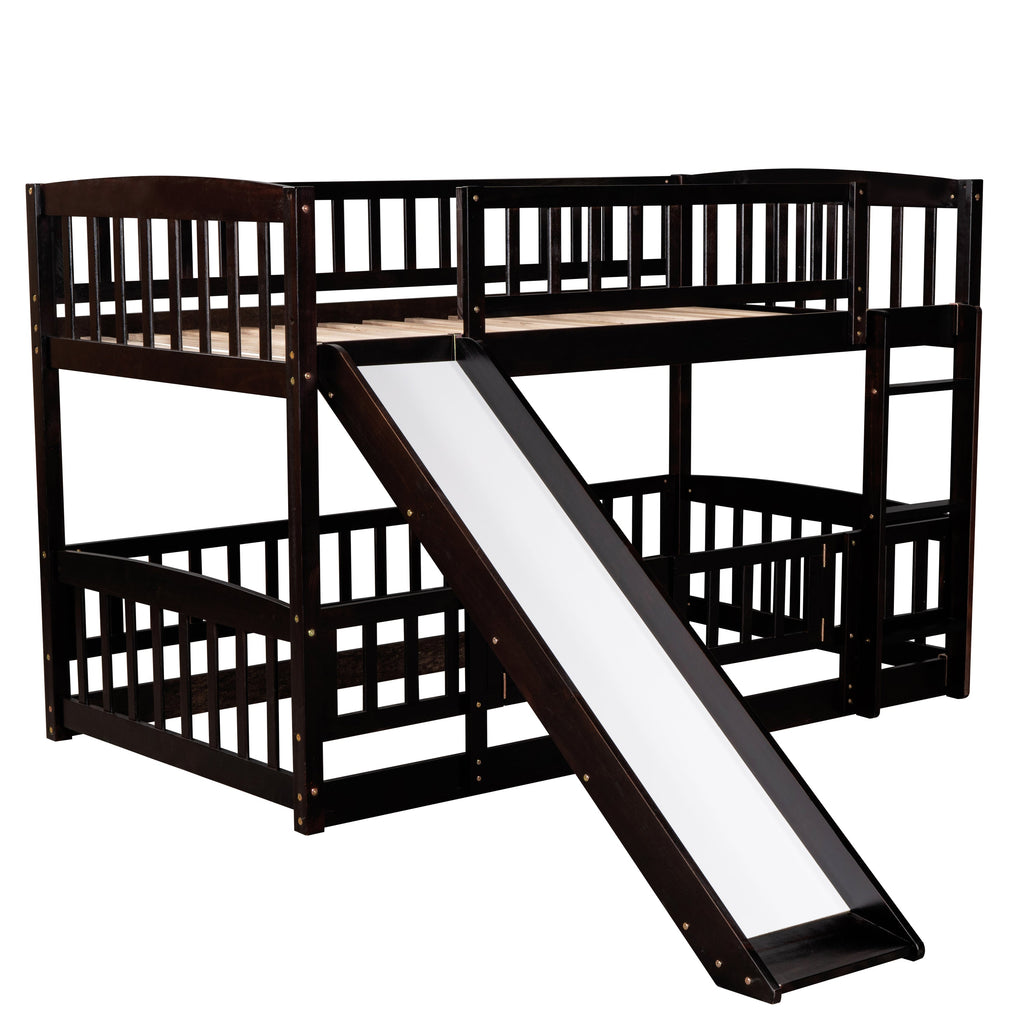 Bunk Bed with Slide,Twin Over Twin Low Bunk Bed with Fence and Ladder for Kids Teens Espresso