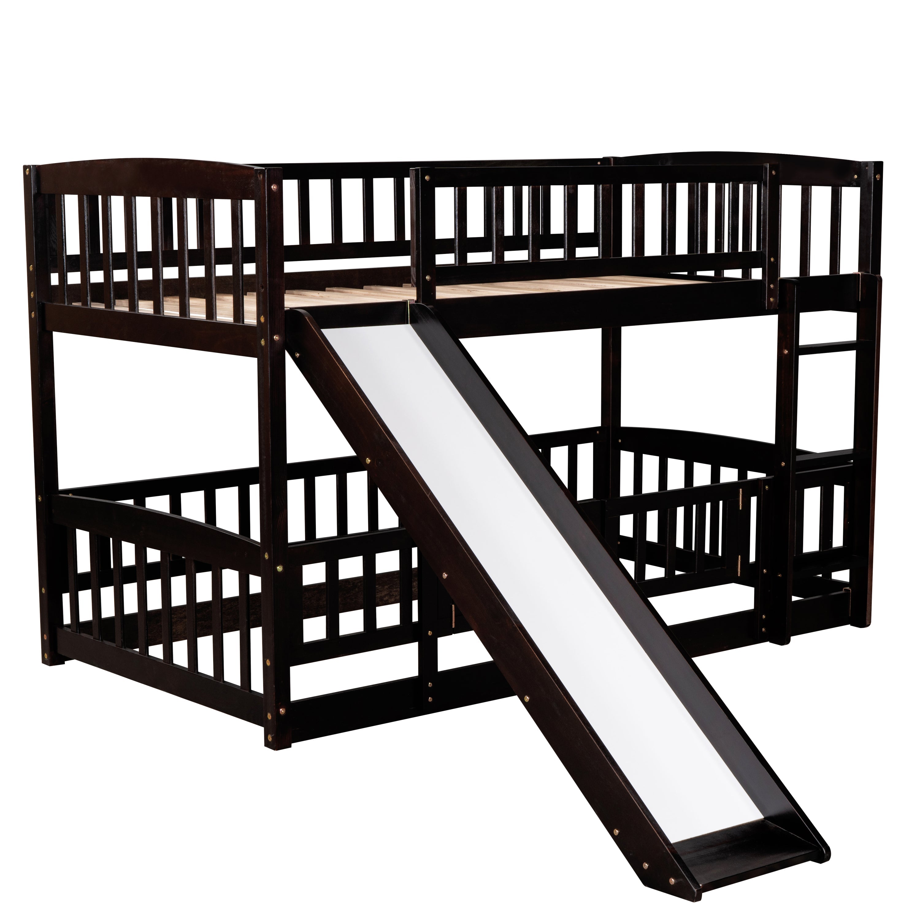 Bunk Bed with Slide,Twin Over Twin Low Bunk Bed with Fence and Ladder for Kids Teens Espresso