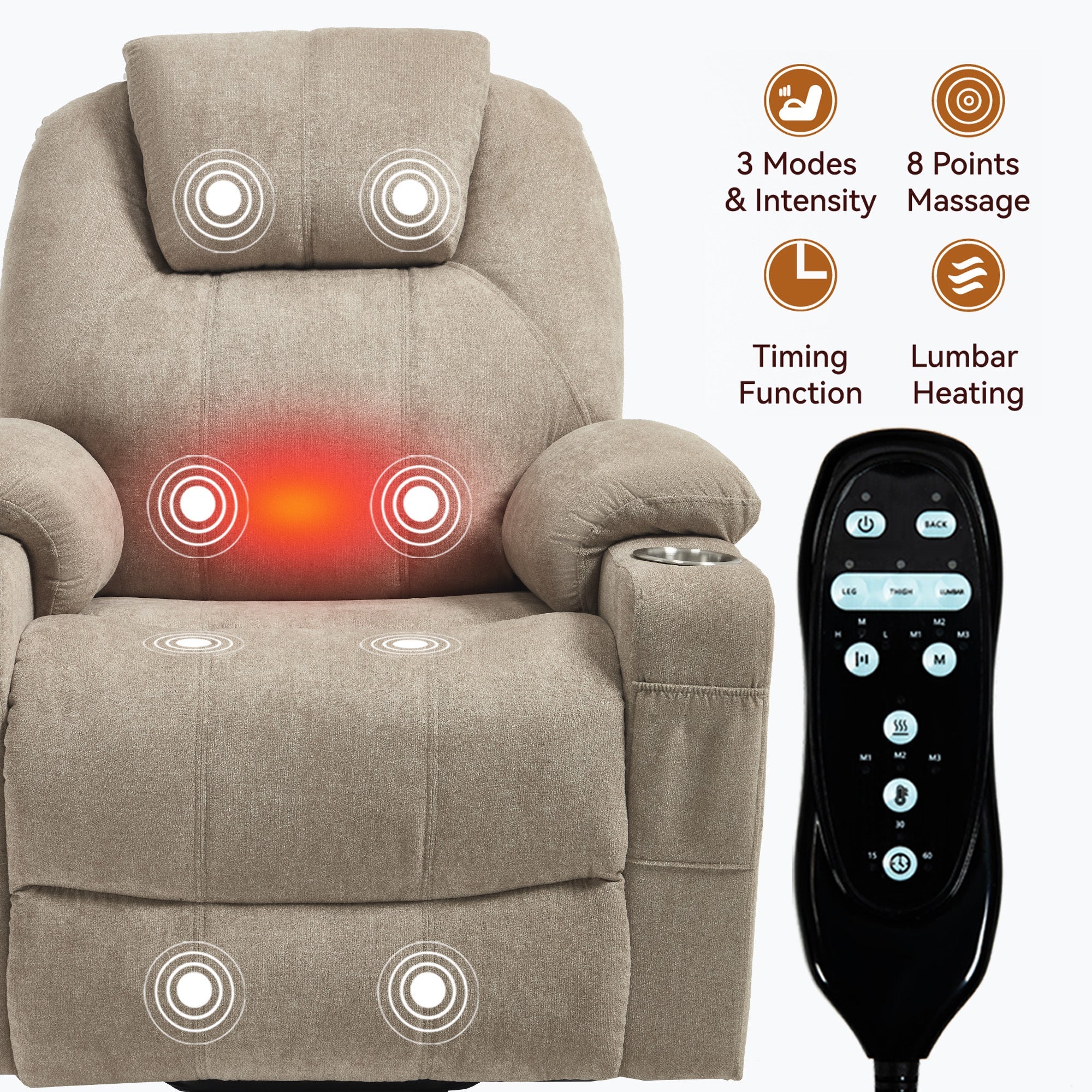Up to 350 LBS polyester Power Lift Recliner Chair, Heavy Duty Motion Mechanism with 8-Point Vibration Massage and Lumbar Heating, USB and Type-C Ports, Stainless Steel Cup Holders, Khaki