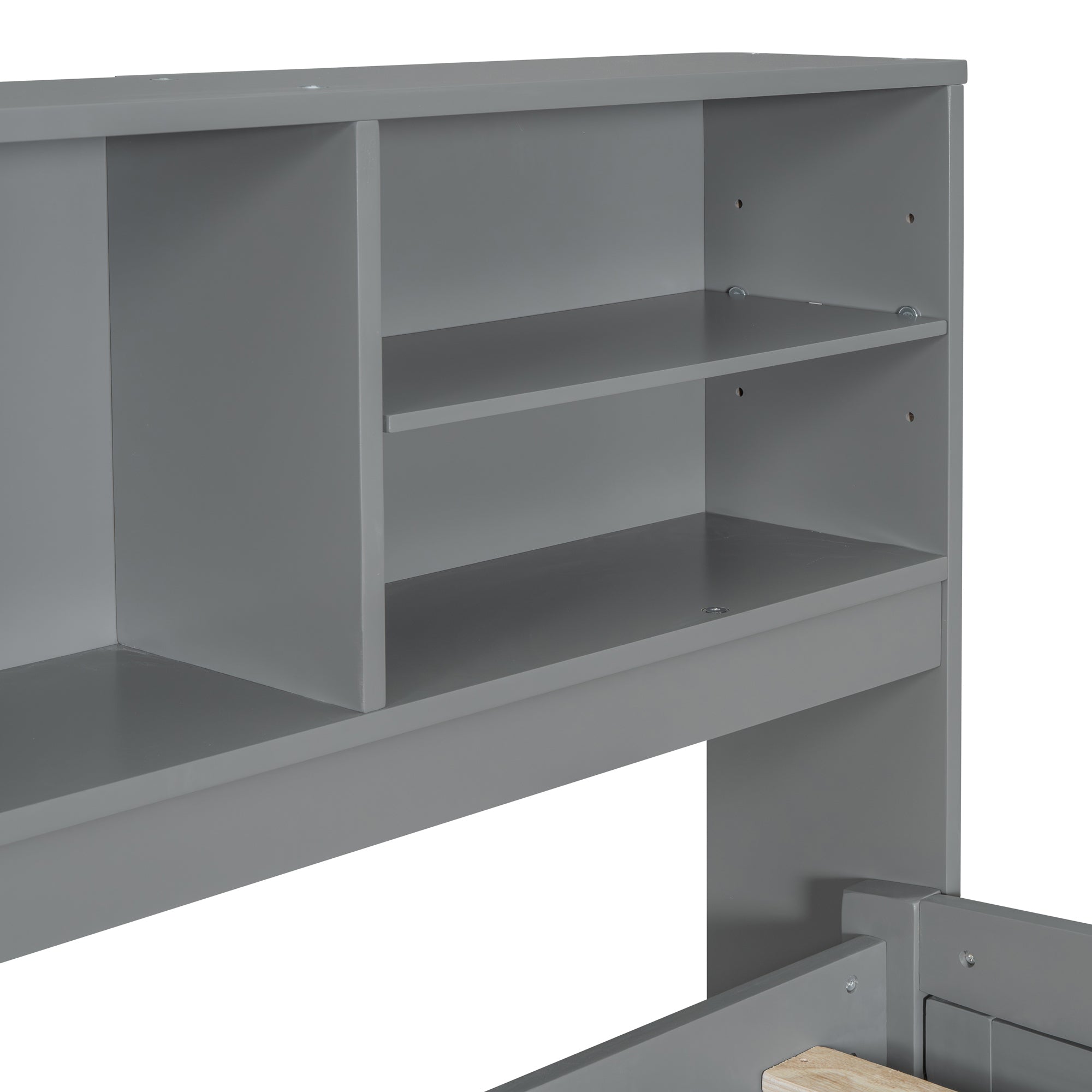 Full Size Wood Daybed with 2 Bedside Cabinets, Upper Shelves and 4 Drawers, Gray