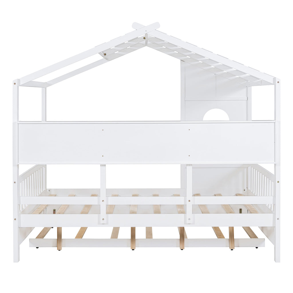 Wooden Full Size House Bed With Trundle, Modern Design for Kids with Storage Shlef, White(old SKU HL000095AAW)