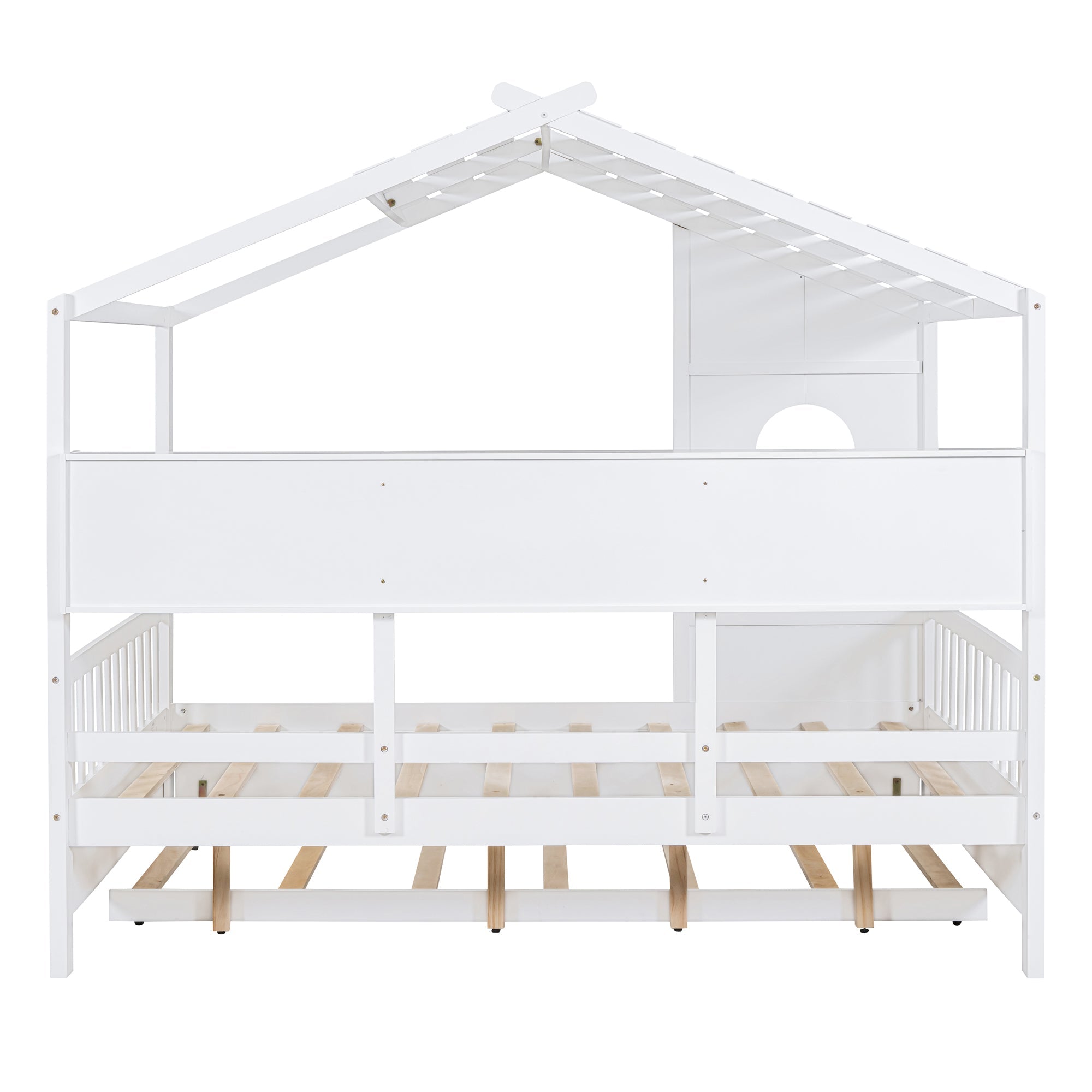 Wooden Full Size House Bed With Trundle, Modern Design for Kids with Storage Shlef, White(old SKU HL000095AAW)