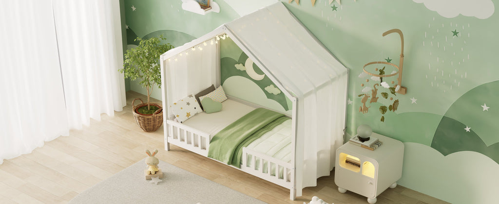 Montessori Floor Bed with Canopy, Twin Bed Frame for Kids, House Shape Kids Bed Frame with High Railings, Wood Kids Bed with Roof, Kid Twin Bed, White