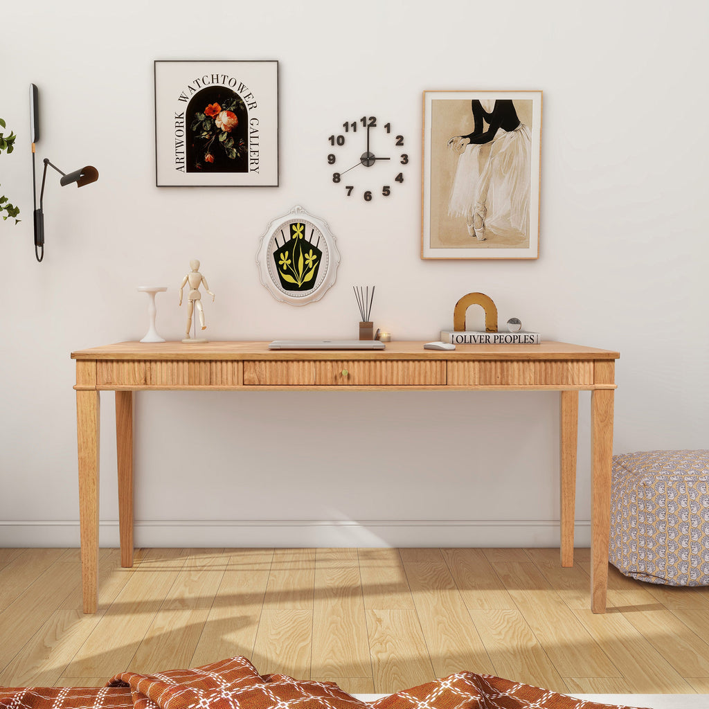 Dumont Modern Farmhouse 1-Drawer Fluted Home Office Writing Desk, Natural Blonde Solid Rubberwood & Rubberwood Veneer