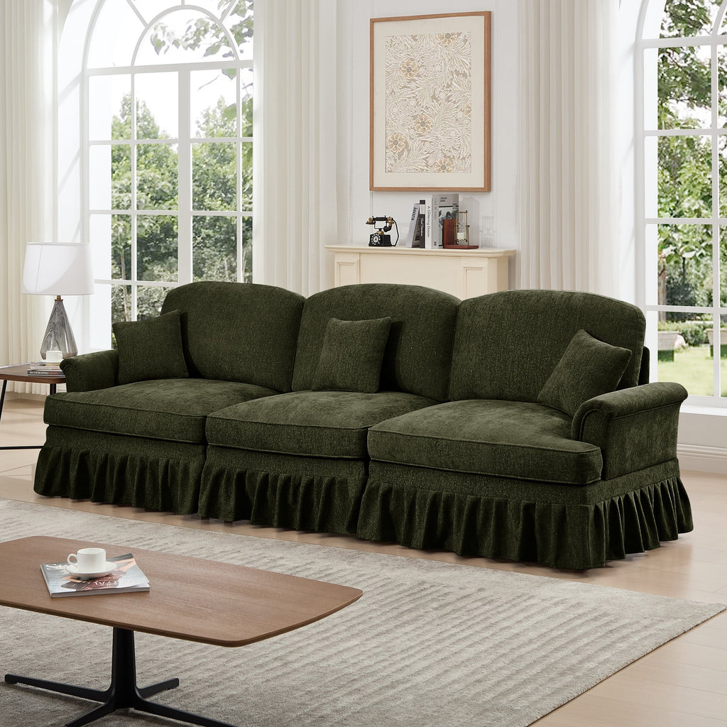 Elegant Mid Century Large 3 Seater Sofa Couch with Flared Arms and Removable Ruffles Pleats Skirts and Spindle Legs, Comfy Chenille Three-Seat Sofa for Living Room, Green