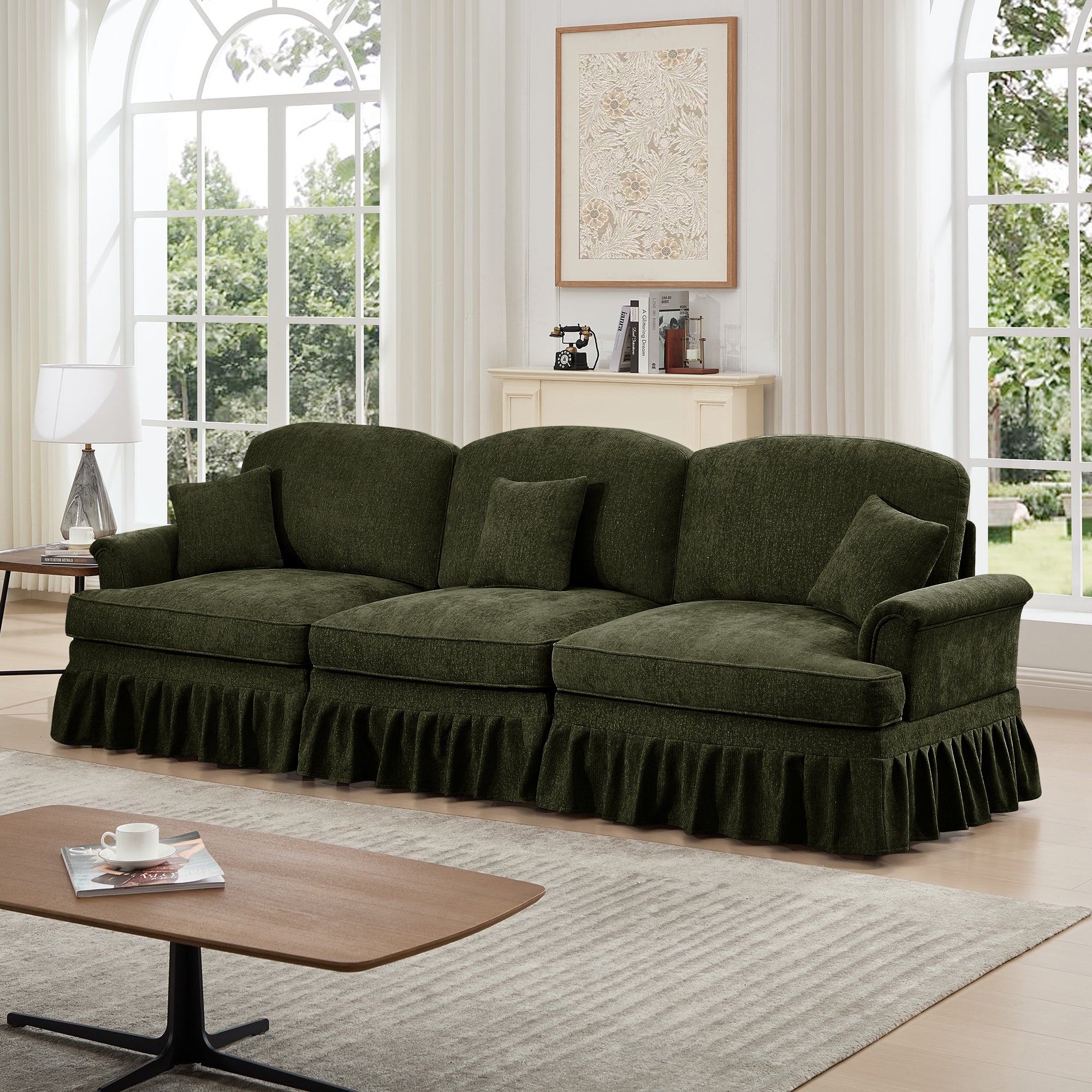 Elegant Mid Century Large 3 Seater Sofa Couch with Flared Arms and Removable Ruffles Pleats Skirts and Spindle Legs, Comfy Chenille Three-Seat Sofa for Living Room, Green