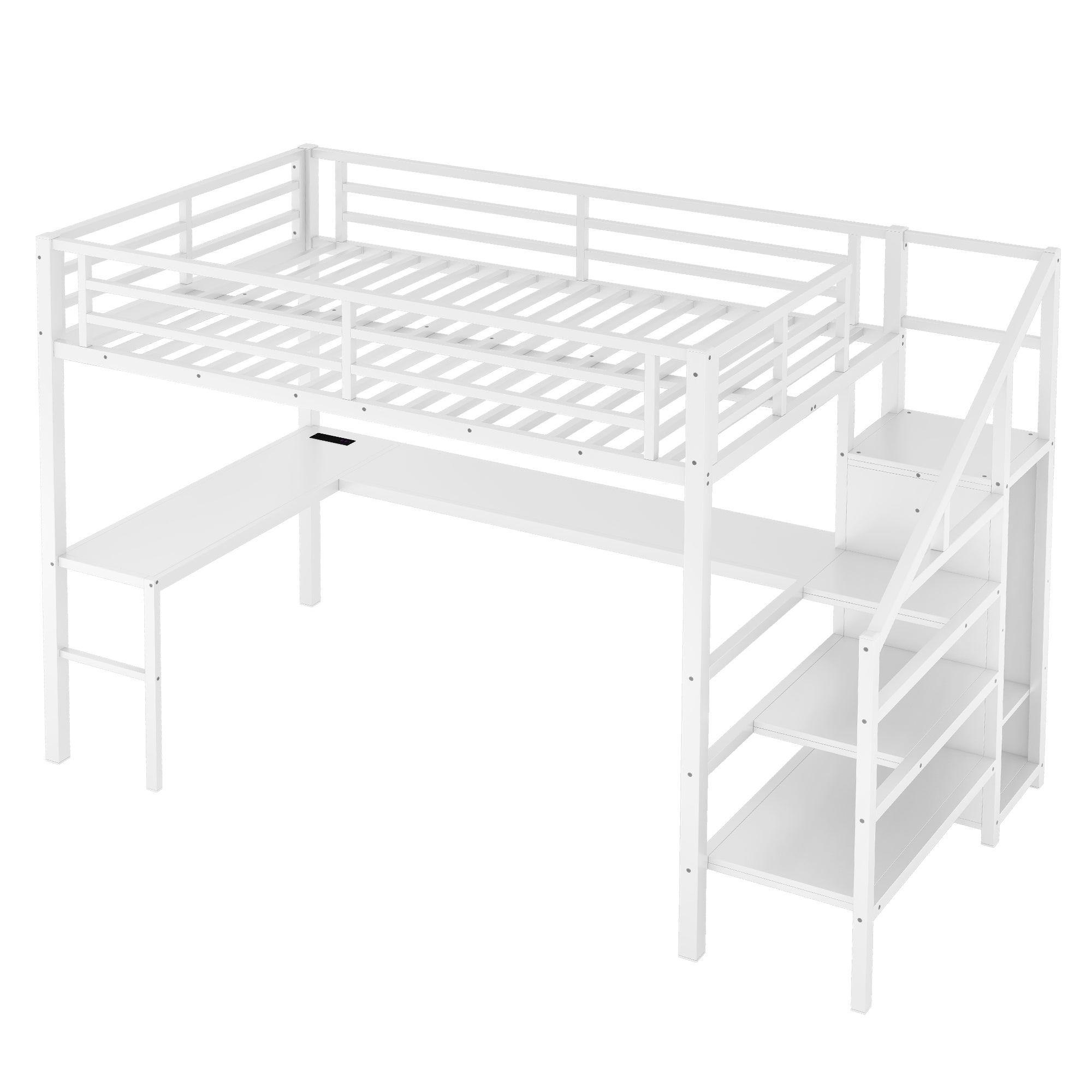Full Size Loft Bed with L-shaped Desk and USB, Metal Loft Bed with Wardrobe and Adjustable Shelf, High Loft Bed with LED for Kids Teens Adults, White