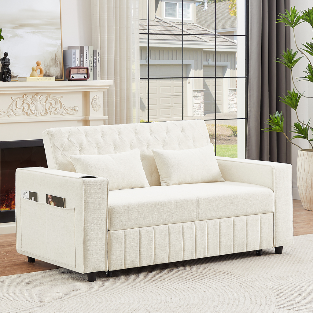 61.4' Pull-out Sofa Bed Convertible Couch Loveseat Sofa Modern Sleeper Sofa with Adjustable Backrest for Living Room, Beige