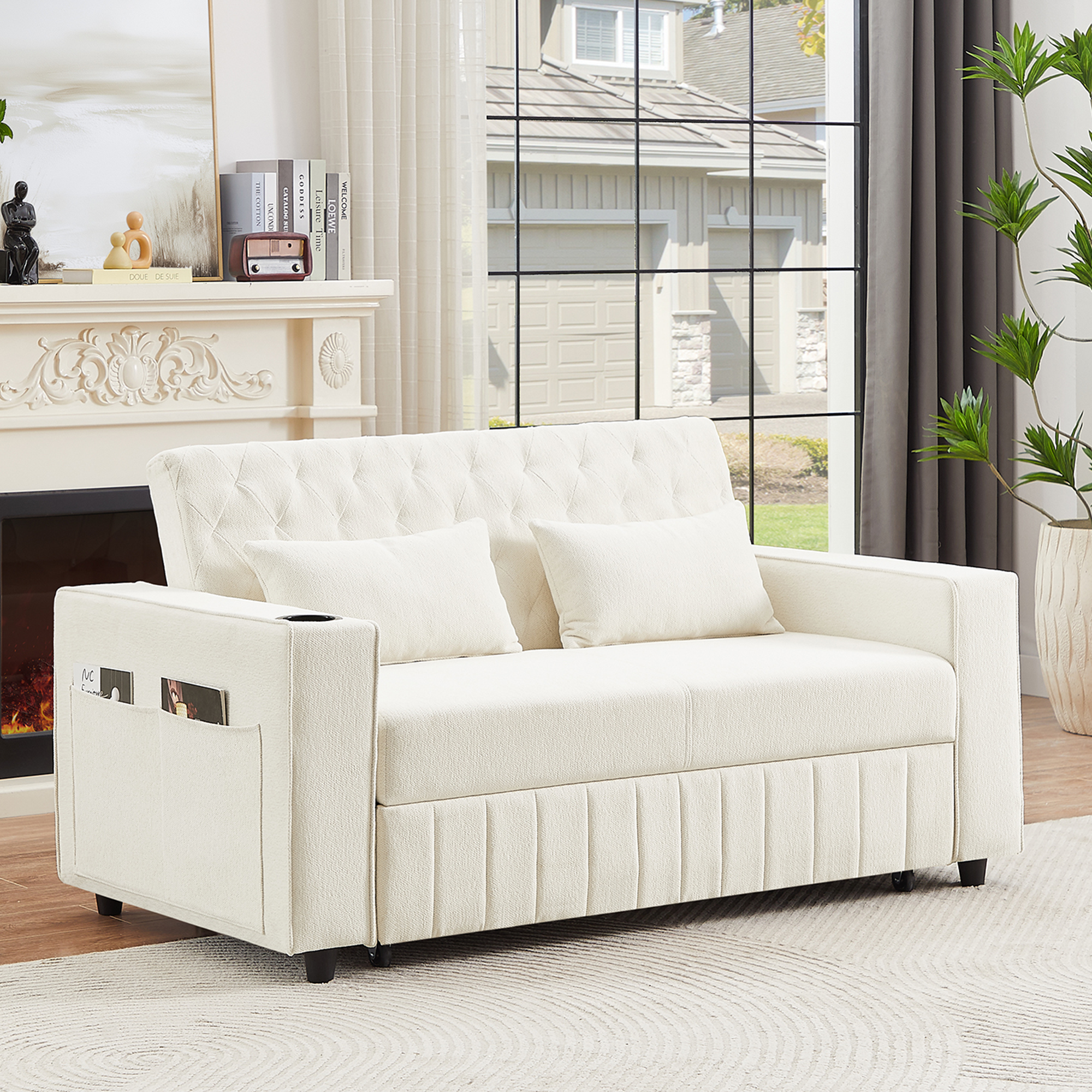 61.4' Pull-out Sofa Bed Convertible Couch Loveseat Sofa Modern Sleeper Sofa with Adjustable Backrest for Living Room, Beige