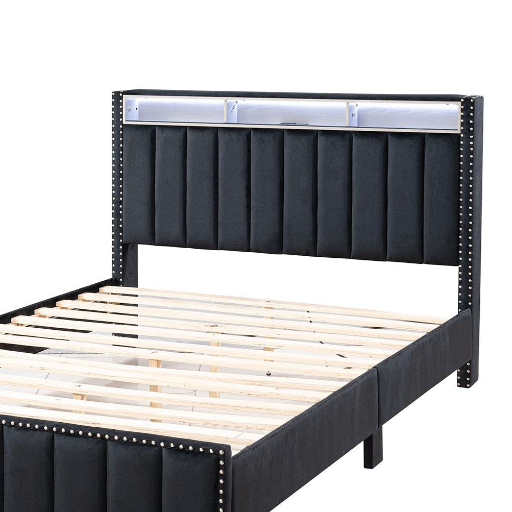 Full Size Bed And 2x Nightstands Bedroom Furniture Luxury Look Black Fabric Upholstered Bedframe w LED Nailhead Trim 3pc Bedroom Set