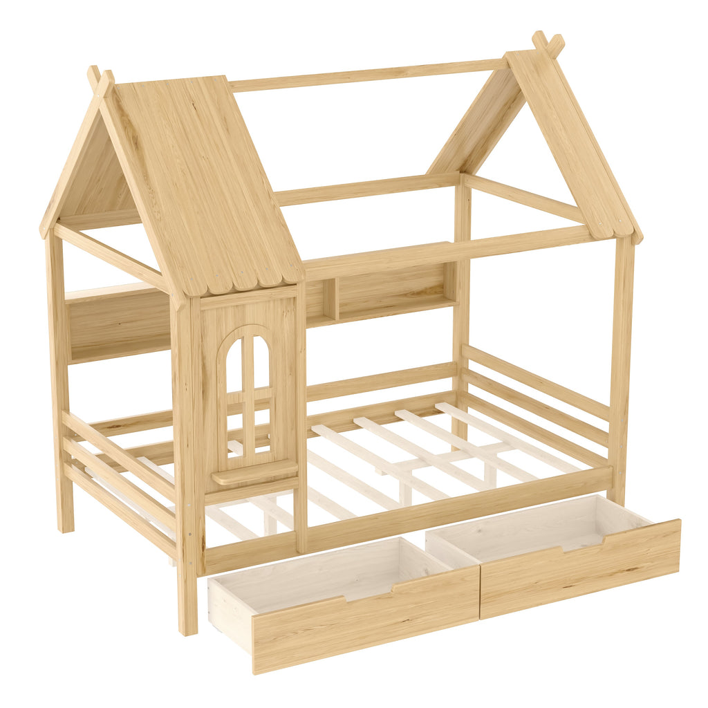 Full house Beds with Storage Drawers and Window, Solid Wood House Platform Bed Frame with shelves, for Kids, Girls, Boys, No Spring Box Needed and Childlike Design, Natural