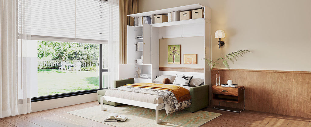 Queen Size Murphy Bed Wall Bed with Sofa and Shelves,White Panel, Green Sofa