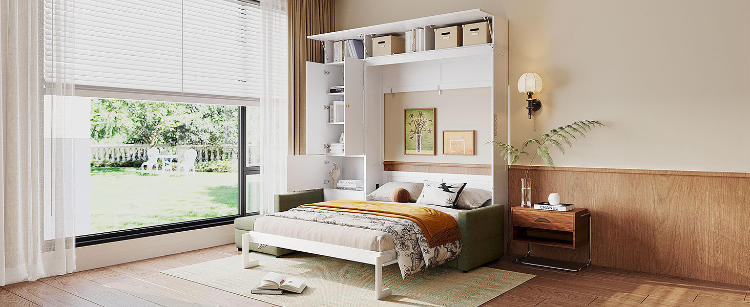 Queen Size Murphy Bed Wall Bed with Sofa and Shelves,White Panel, Green Sofa