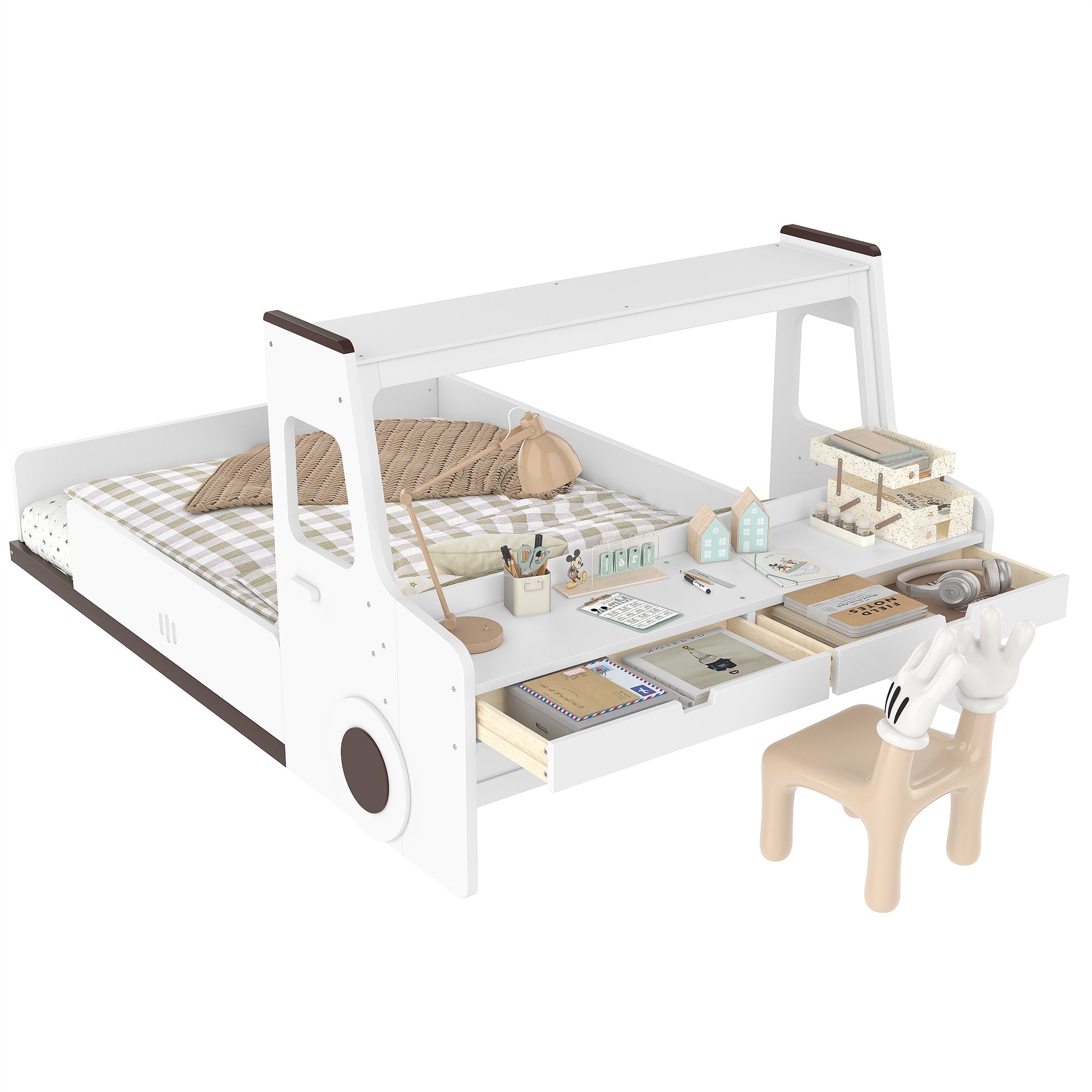 Full Size Floor Bed with Interesting Car-shape Design, Kids Car Floor Bed with Storage Drawers, Window, and Desk, Childlike Design, White