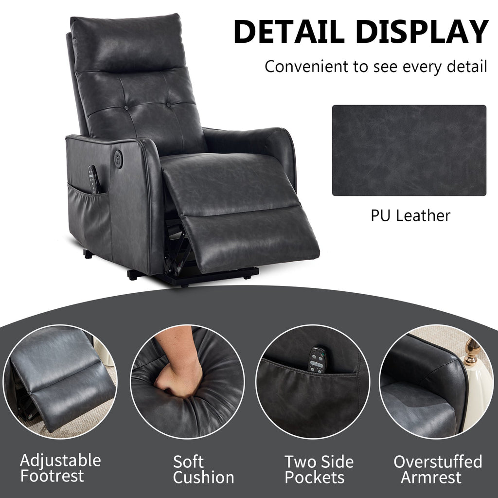 Deep Grey PU Single Motor Power Lift Recliner Chair with Massage and Heat for Elderly, Heavy Duty Motion Mechanism and One USB for Charging, Max Reclining Angle 155°