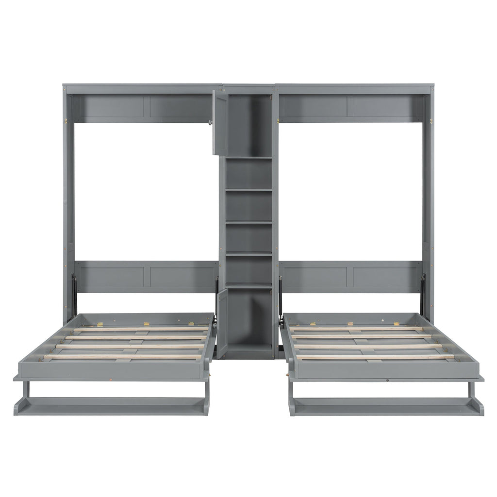 Dual Twin size Wall Murphy Beds with Cabinets and Shelves, Gray